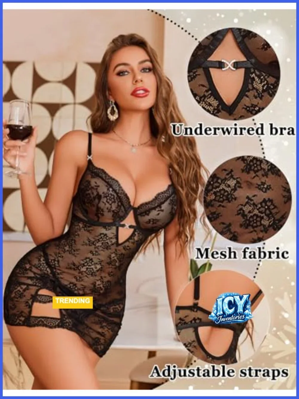 Sexy Mesh Babydoll with Underwire Push Up Bra Lace Chemise